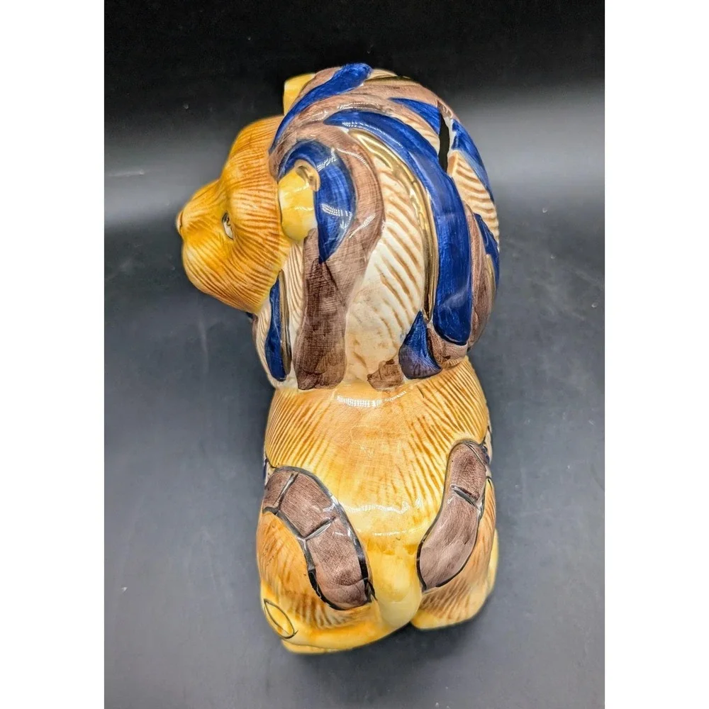 Egyptian Lion Ceramic Coin Bank Pharaoh Headdress Blue Gold Glazed Piggy Bank 8